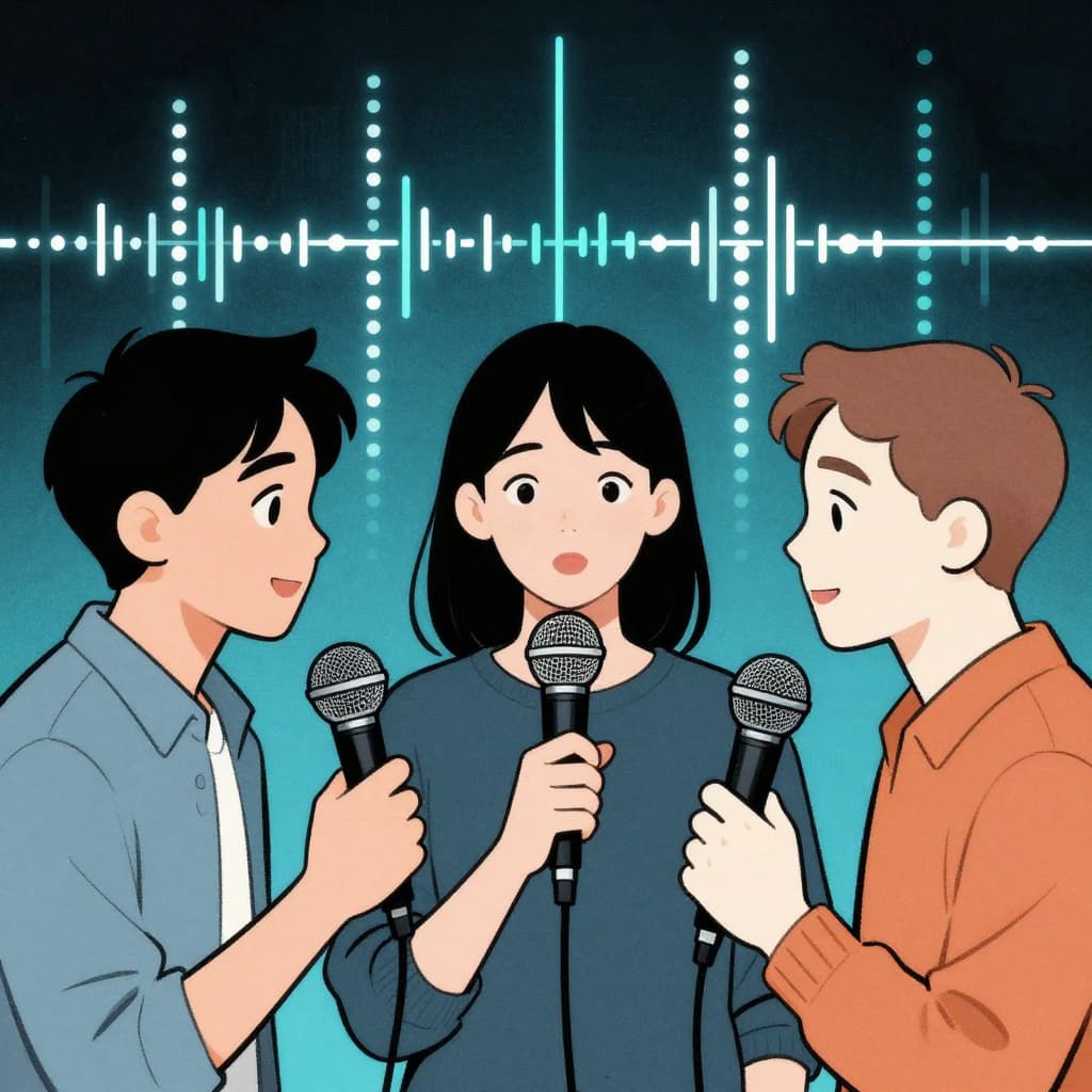 3 Personen sprechen in Handmikrofone im Comic Stil.