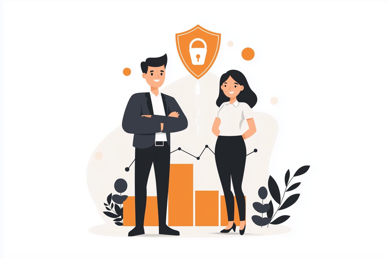 A simple flat illustration of two people standing before a data protection symbol and discussing about the ai eu act