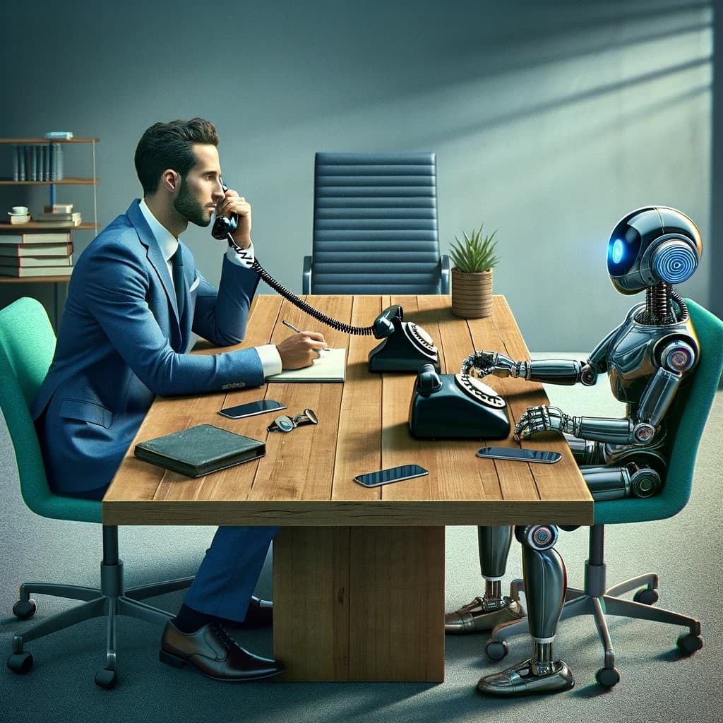 Man and a robot at a table with two phones